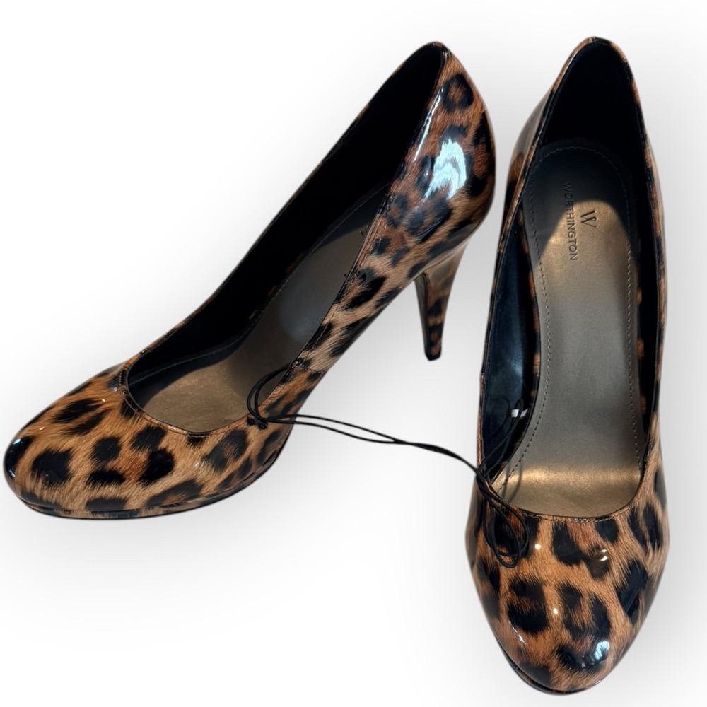 Worthington Leopard Print Pumps Glossy Patent Round Toe Animal Classic Heel 11M
